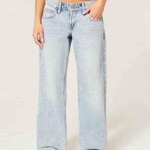Hollister Low-Rise Baggy Jeans Light Wash Raw Hem Wide Leg Denim W26 2R